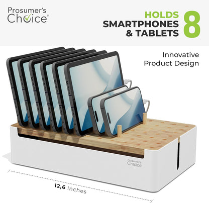 Prosumer's Choice Wooden Charging Station Organizer - 5-Port Base for Phones, Tablets and Laptops - Multi-Device Docking Station with Removable Divider Slots - Cord Box with Cable Management - Bamboo