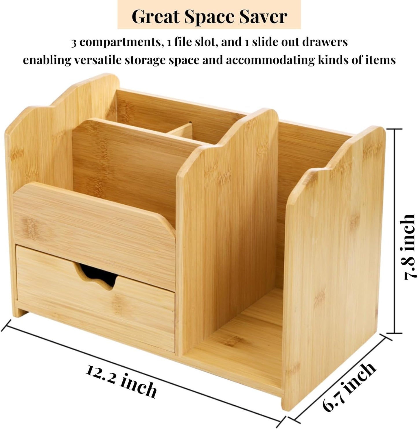 ZAVOOS Bamboo Desk Organizer, Multi Use Tabletop Storage Office Supplies with Drawer Pen Holder, 5 Compartments Heavy Duty Desk Accessories for Home Office Organization, No Assembly Required