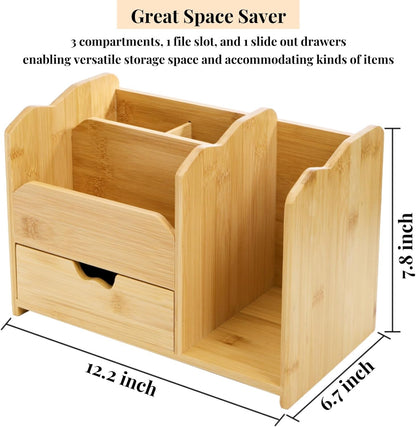 ZAVOOS Bamboo Desk Organizer, Multi Use Tabletop Storage Office Supplies with Drawer Pen Holder, 5 Compartments Heavy Duty Desk Accessories for Home Office Organization, No Assembly Required