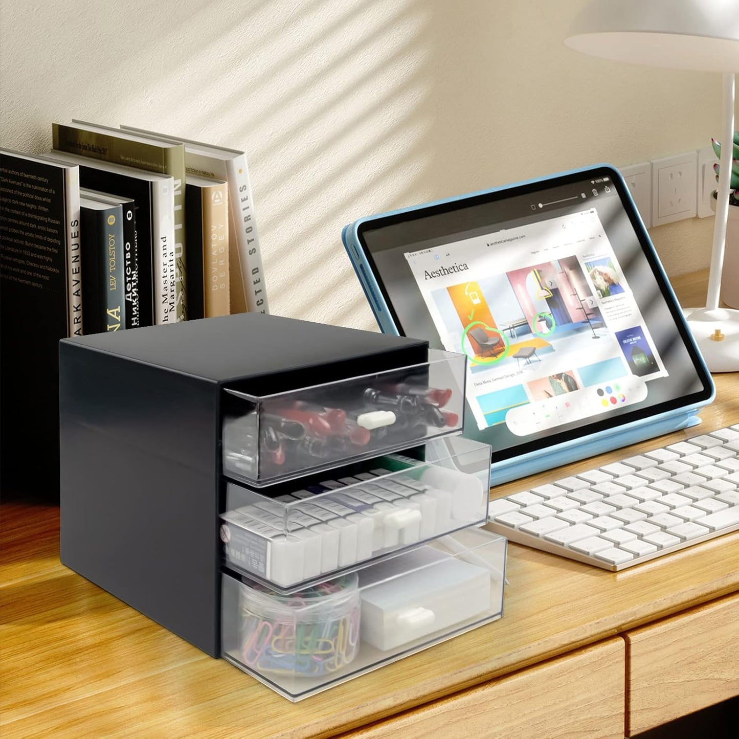 Desk Organizer with Drawer, Desk Storage Box, Plastic Office Stationery Supplies Organizers, Desktop Organizer for Office School Home (4 drawer, Black)