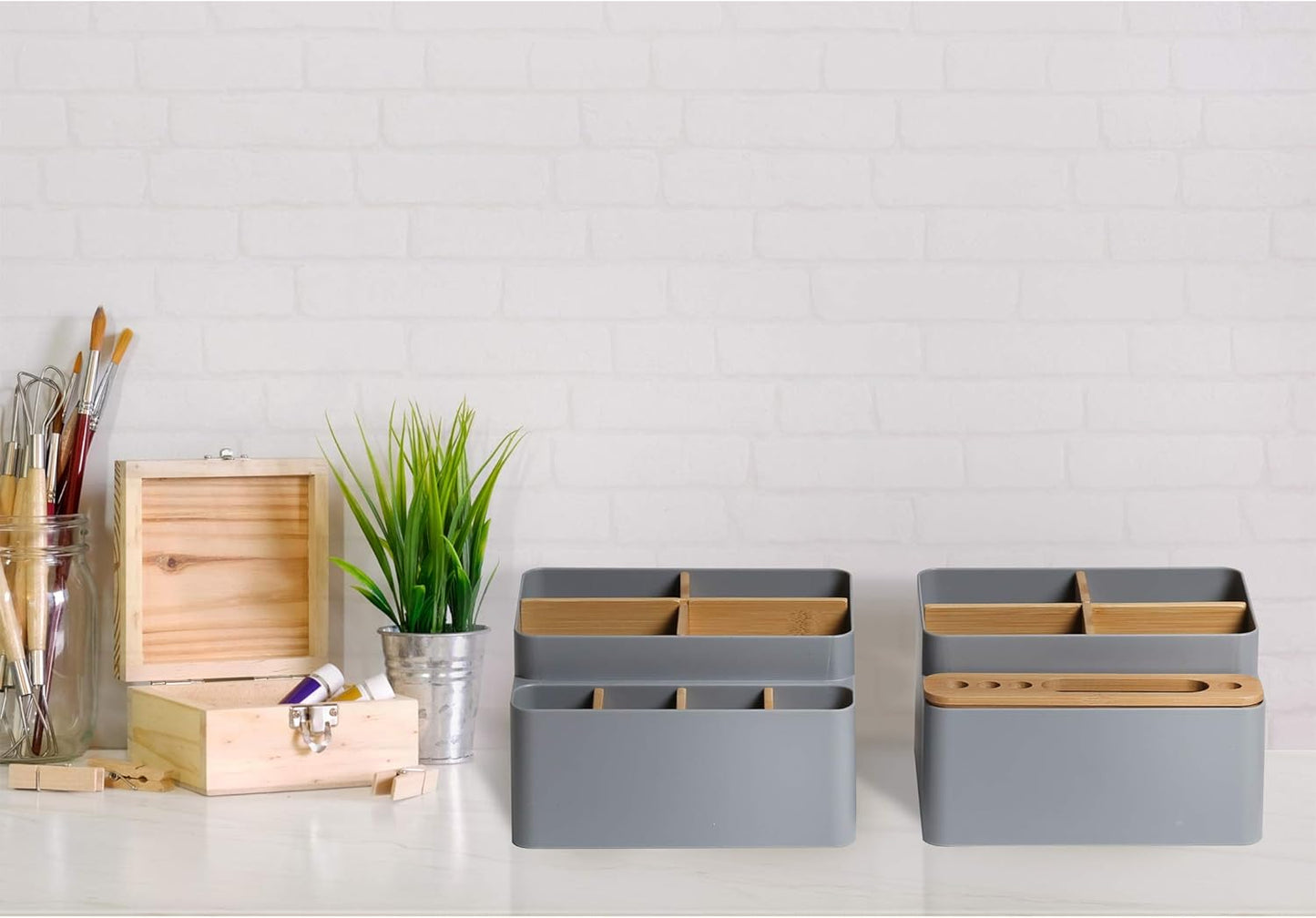 Seville Classics Bamboo Premium Organizer Storage Bins for Kitchen Silverware, Pantry, Closet, Office Desk, Pens, Utensils, Makeup, K Cup, Bamboo, Bag Holder Bin Set (4 Piece)