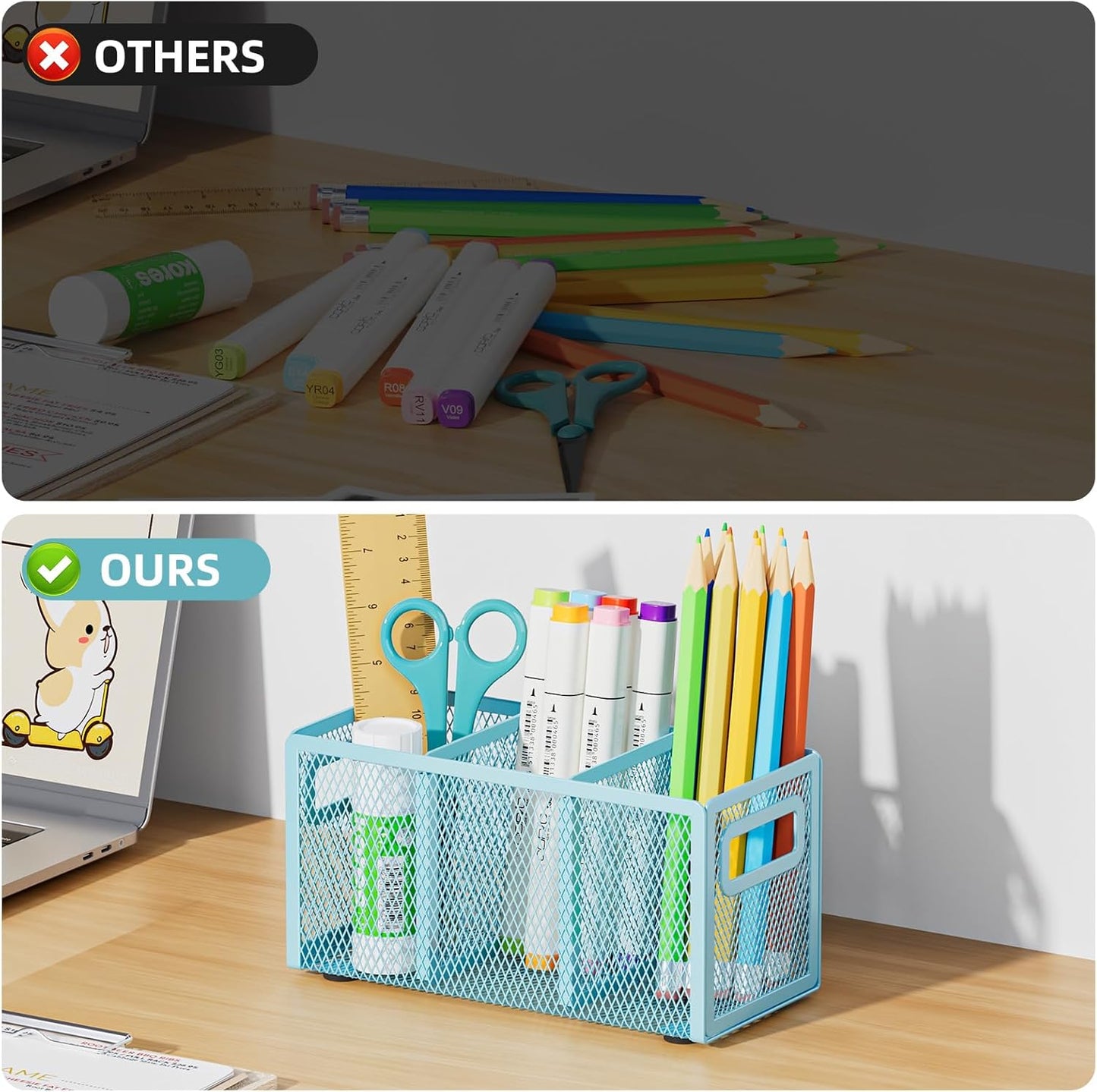 Marbrasse Mesh Pen Holder for Desk,Pencil Holder Desk Organizer 3 Adjustable Compartments,Pencil Cup with Handle Perfect for Classroom, Office, Home,Makeup,Art (Black)