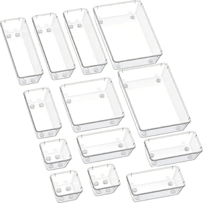 Clear Acrylic Drawer Organizer Trays, 5 Size Junk Box Organization Small Storage Container Bin for Desk Makeup Bathroom Vanity Kitchen Tool Make Up Workspace Home Dorm Apartment Office Room Nightstand