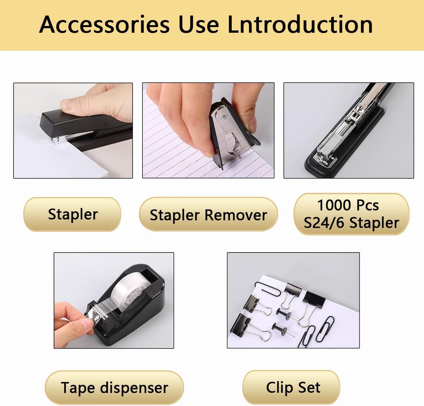 suniya Office Supplies,Gold Desk Accessories,with Stapler,Tape Dispenser,Pen Holder,Scissors,Phone Stand,Staple Remover,Ballpoint Pen,Clear Tape, Staples,Ruler,Clips,Best Gift for Business or Boss