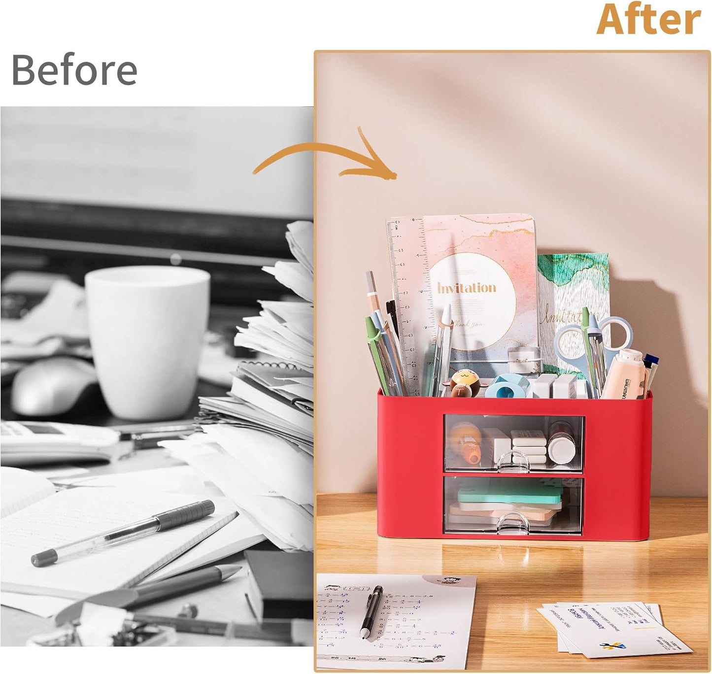 Marbrasse Pen Organizer with 2 Drawer, Multi-Functional Pencil Holder for Desk, Desk Organizers and Accessories with 5 Compartments + Drawer for Office Art Supplies (White)
