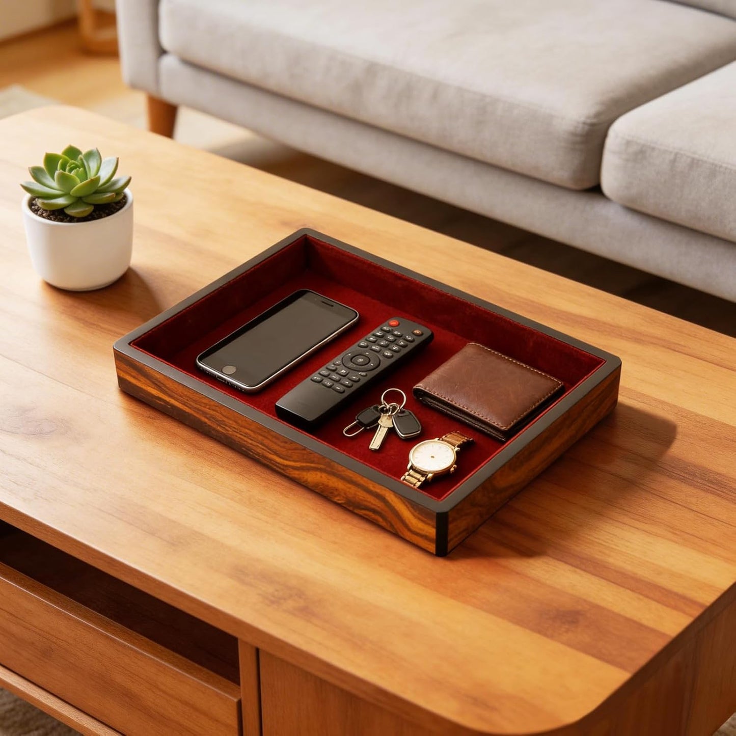 Wooden Valet Tray with Velvet Lining, EDC Desktop Catchall Organizer, Storage Tray for Jewelry, Wallets, Watches, Keys, Glasses, Perfect for Nightstand, Dresser, Entryway Bedside