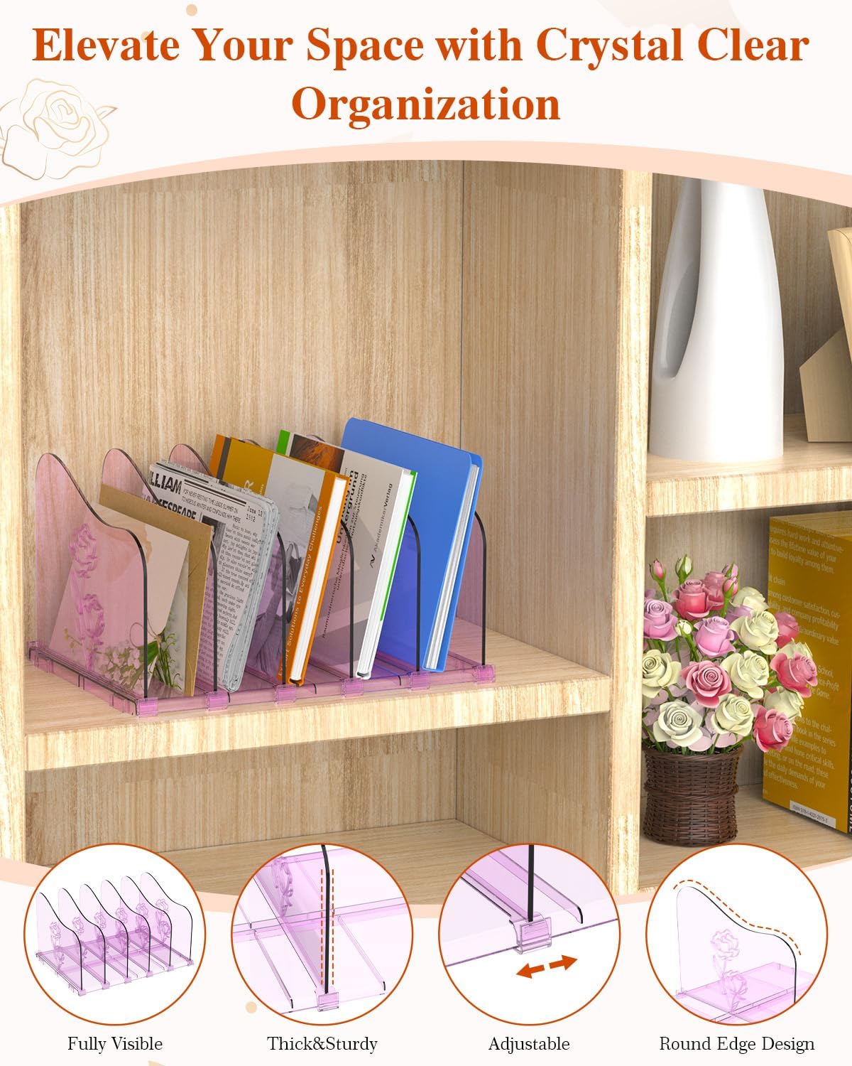 Adjustable Rose File Organizer for Desk, Vertical File Folder Holders for Magazines, Upright Desktop Binder Organizer, Clear Paper Bookshelf Divider File Sorter for School Office Supplies