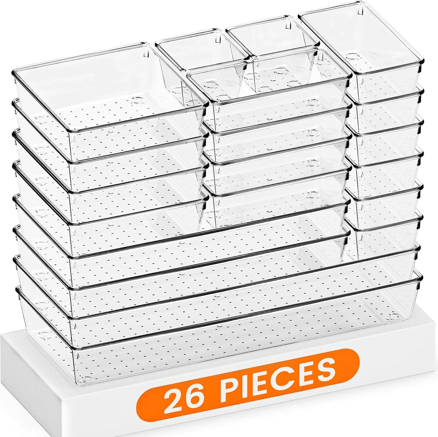 Criusia Drawer Organizer, 10 Pack Large Clear Plastic Set, 3 Size Versatile Bathroom and Vanity Organizer Trays, Storage Bins for Makeup, Bedroom, Kitchen Utensils