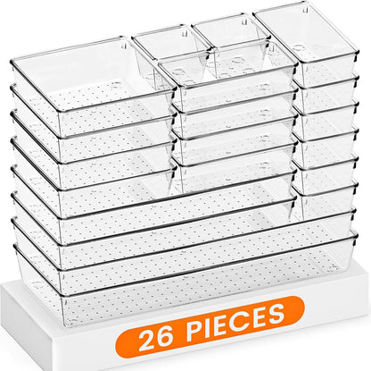 Criusia Drawer Organizer, 10 Pack Large Clear Plastic Set, 3 Size Versatile Bathroom and Vanity Organizer Trays, Storage Bins for Makeup, Bedroom, Kitchen Utensils