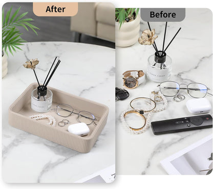 PU Leather Valet Tray Organizer, Modern Nightstand Organizer Bedside Desktop Storage for Womens and Men, Decorative Perfume Trinket Catchall Vanity Tray for Key Watch Wallet (Black)