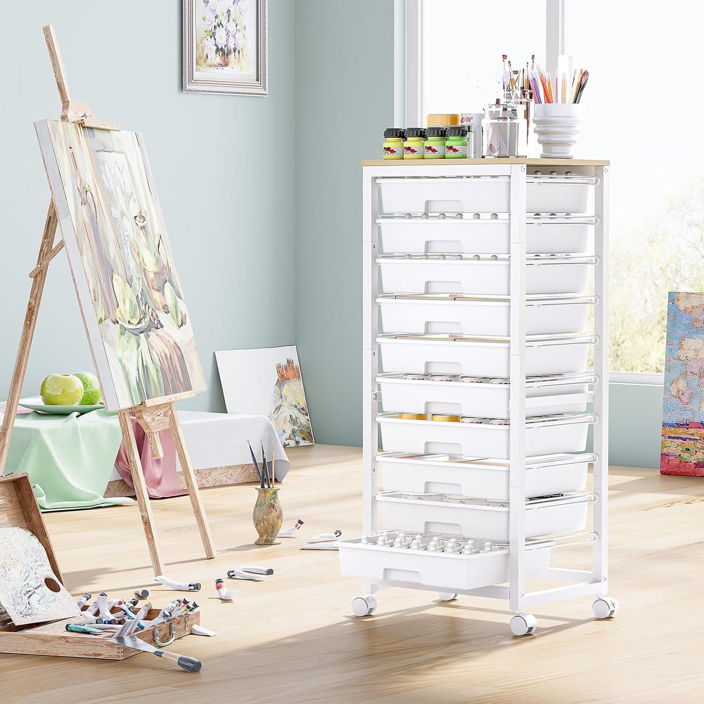 SYKIARIOL Rolling Storage Utility Cart with 6 Drawers and Wooden Tabletop for Under Desk Storage,White