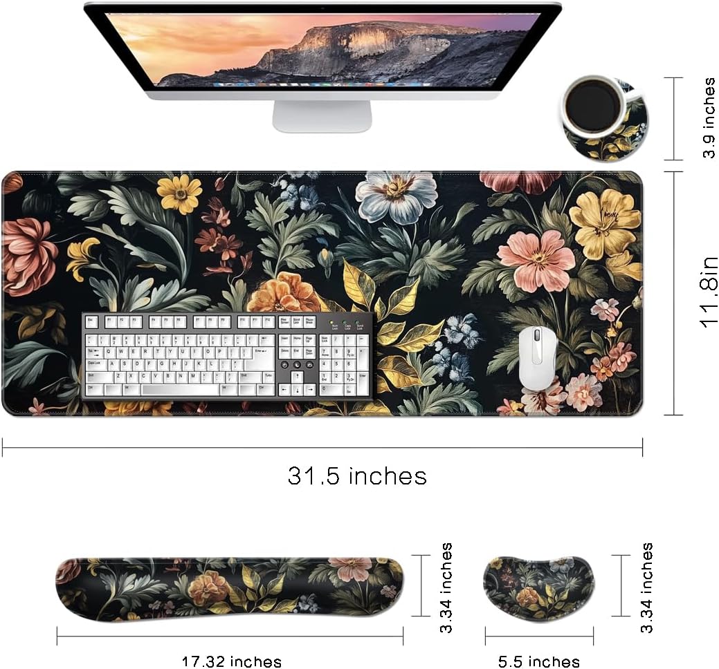 MIBITRI Keyboard Mouse Pad Set, Extended Gaming Mouse Pad+Ergonomics Keyboard Wrist Rest Support, Memory Foam, Easy Typing Pain Relief, 4Pcs XXL Ultra Thick Desk Mat, Enchanted Bookshelf