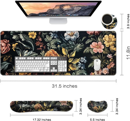 MIBITRI Keyboard Mouse Pad Set, Extended Gaming Mouse Pad+Ergonomics Keyboard Wrist Rest Support, Memory Foam, Easy Typing Pain Relief, 4Pcs XXL Ultra Thick Desk Mat, Enchanted Bookshelf