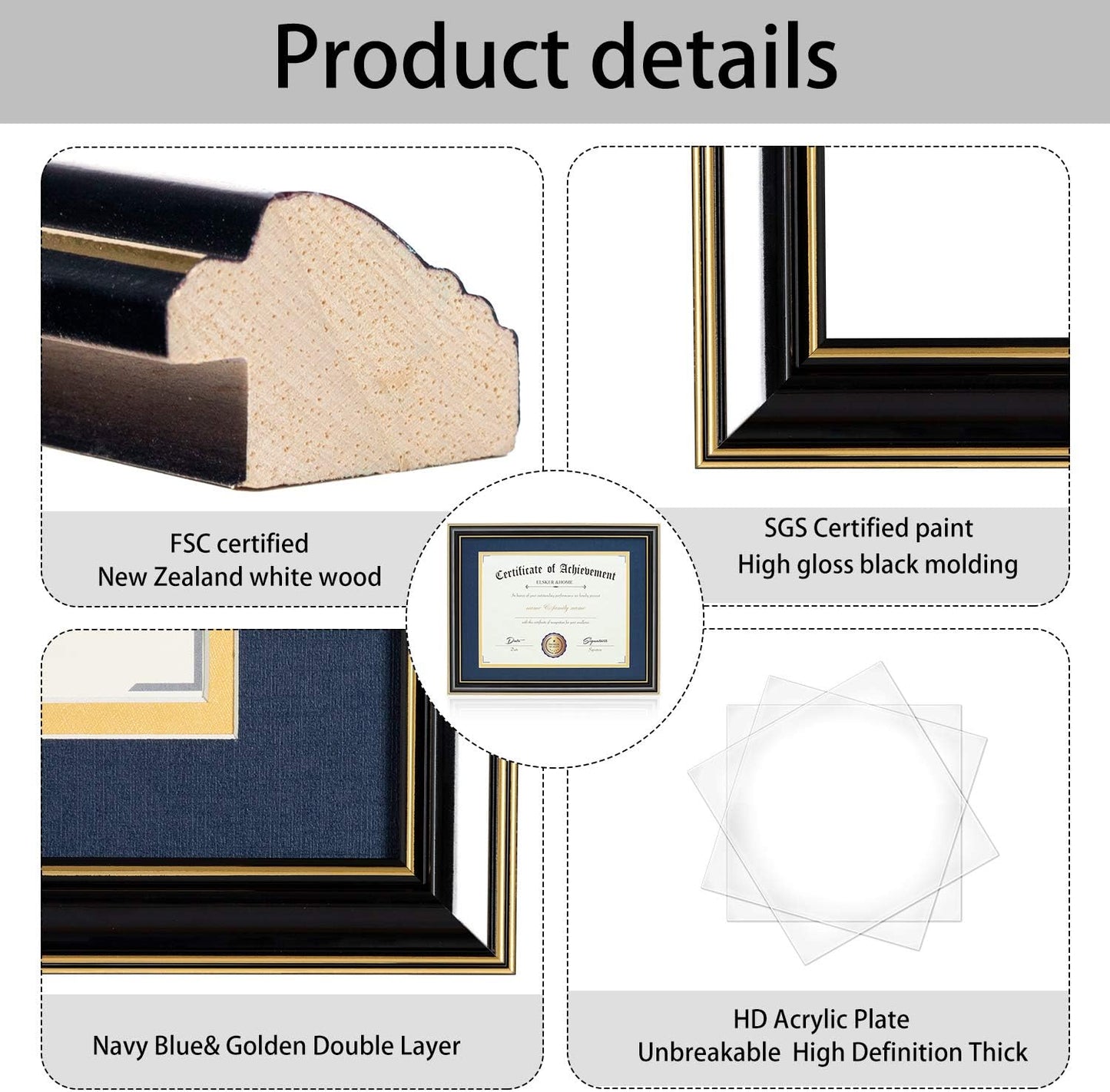 ELSKER&HOME Diploma Frame - Wide Solid Wood Frame - Black Velvet Golden Rim Mat - Semi-Tempered Glass - Includes Hanging Hardware and Desktop Easel(ONLY Display 11×14 Document/Certificate)