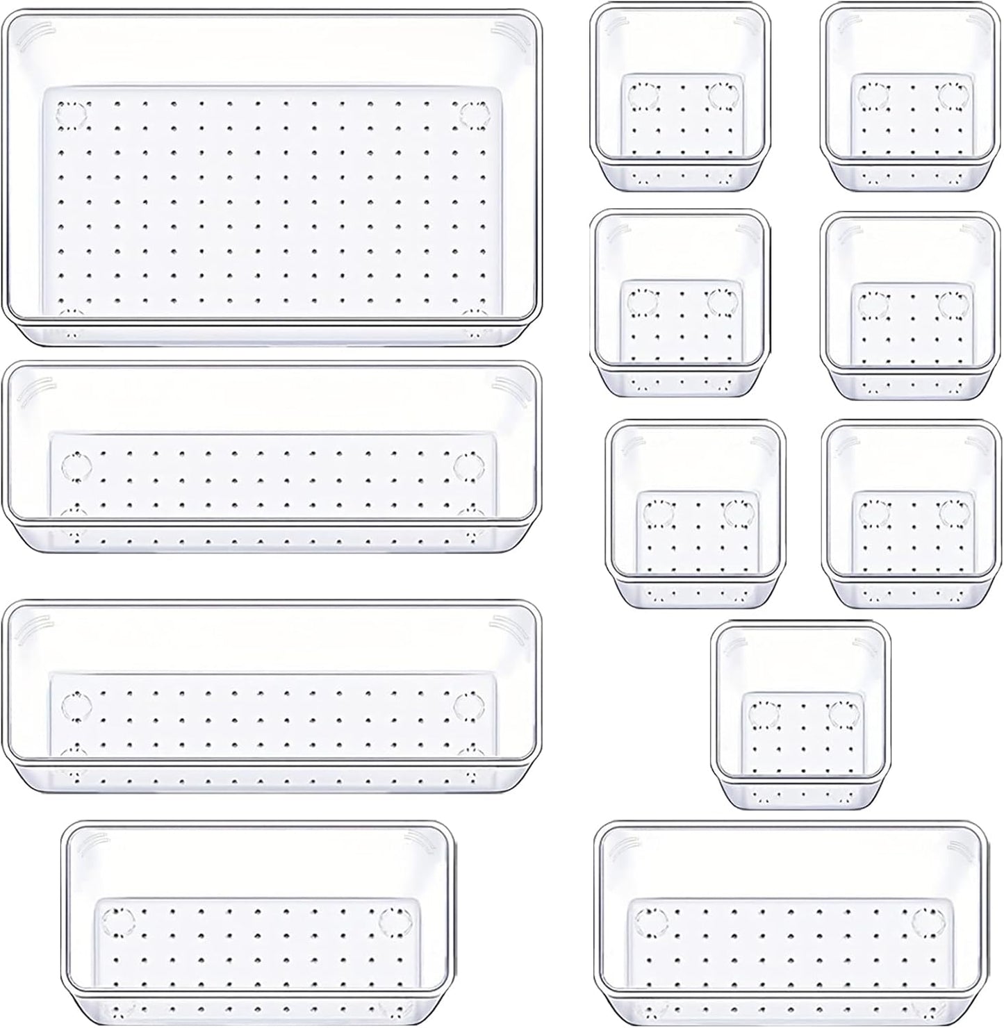 Manalete Drawer Organizers Set of 12, 4 Sizes Clear Plastic Drawer Organizers and Storage Bins for Kitchen, Bathroom, Office, Dresser Desk Drawer Organizer Tray for Jewelry, Makeup, Junk, Gadgets
