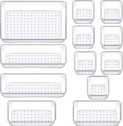 Manalete Drawer Organizers Set of 12, 4 Sizes Clear Plastic Drawer Organizers and Storage Bins for Kitchen, Bathroom, Office, Dresser Desk Drawer Organizer Tray for Jewelry, Makeup, Junk, Gadgets