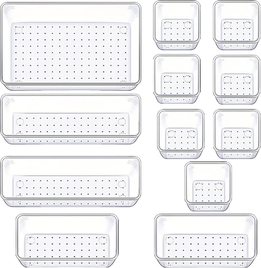 Manalete Drawer Organizers Set of 12, 4 Sizes Clear Plastic Drawer Organizers and Storage Bins for Kitchen, Bathroom, Office, Dresser Desk Drawer Organizer Tray for Jewelry, Makeup, Junk, Gadgets