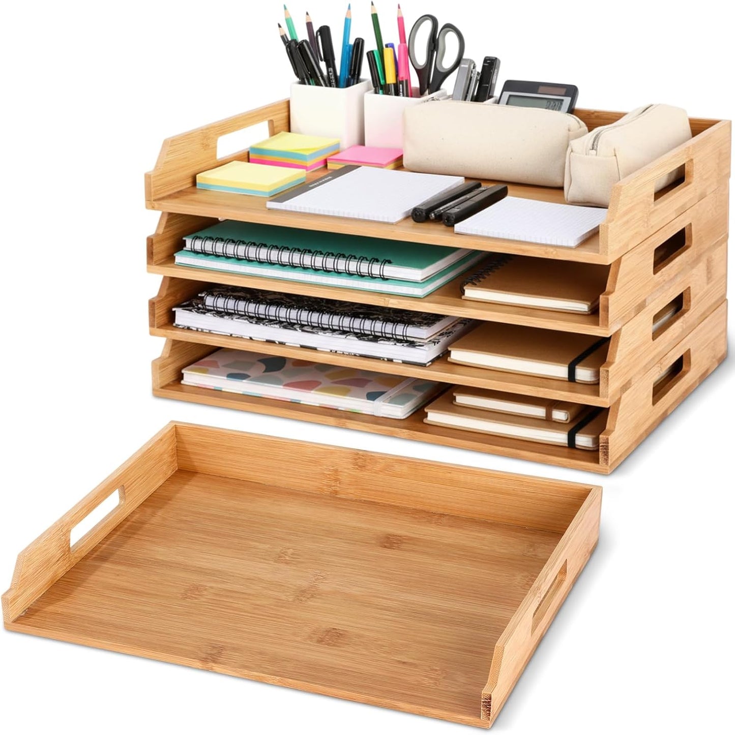 AceOrbit 6 Pcs Stackable Paper Tray Bamboo Wood Desk Organizer Letter Tray 6 Tier Wooden File Organizer Desk Shelf for Documents, Letter Sorter, Envelopes and Magazine Holder