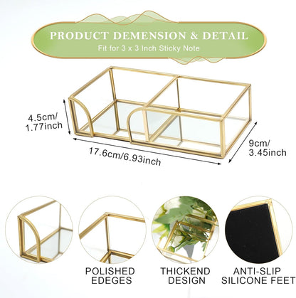 Sticky Note Holder,Glass Post It Note Dispenser with Pen Slot,Gold 3 x 3 Inch Post It Note Holder for Desk,Stylish Sticky Note Dispenser for Home Office Desk