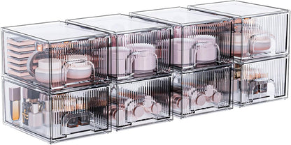ZHIAI 8 Pack Clear Stackable Storage Drawer, Acrylic Drawer, Cosmetic Organizer, Plastic Organizer for Dresser, Under, Kitchen Cabinet, Pantry, Home Organization and Storage