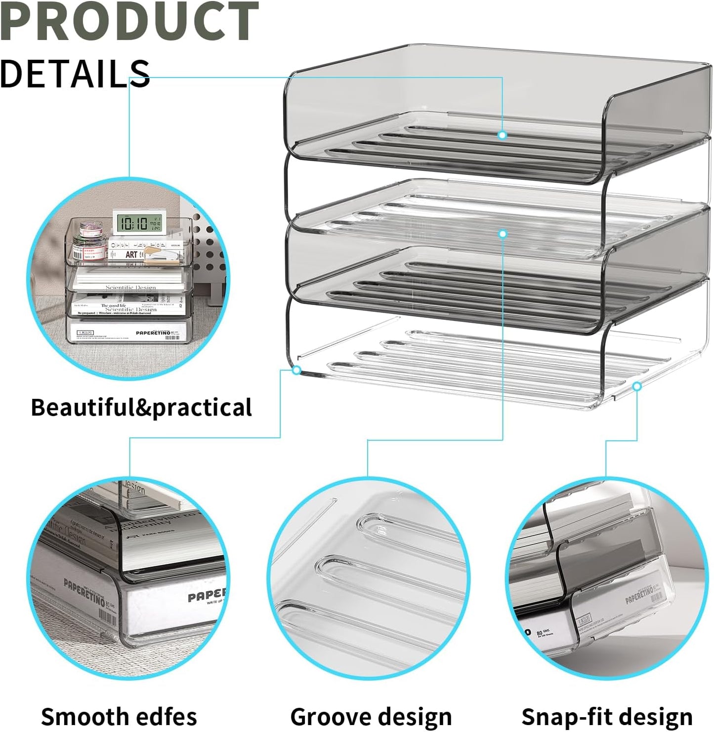 FANXIYQ 4-Tier Acrylic Paper Tray Organizer - Low-Profile Desk File Sorter for Office/Home, Clear Stackable Letter Tray for Bills, Crafts, Notebooks