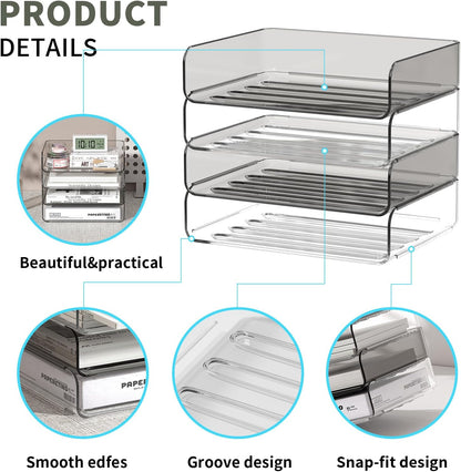 FANXIYQ 4-Tier Acrylic Paper Tray Organizer - Low-Profile Desk File Sorter for Office/Home, Clear Stackable Letter Tray for Bills, Crafts, Notebooks