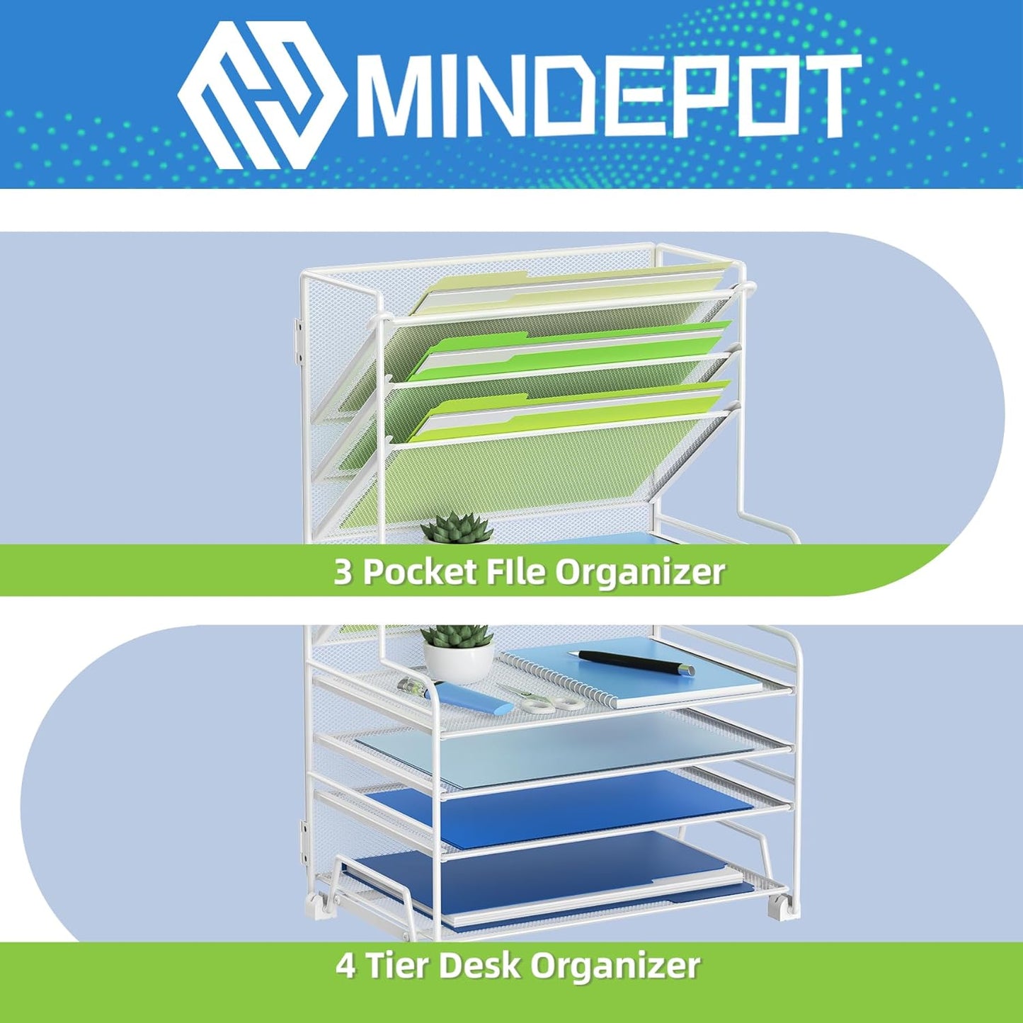 MINDEPOT 4-Tier Paper Organizer + 3-Pocket File Holder + Drawer + Pen Holders, Desktop File Organizers Paper Tray for Office Accessories School Classroom Organization (Black)