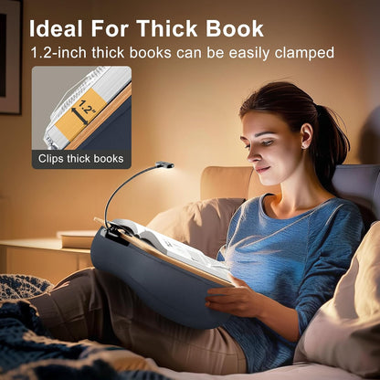 Reading Book Pillow Stand with 3-Color Adjustable Light, Hands-Free Book Holder for Bed or Lap, Wooden Surface, AAA Batteries Required