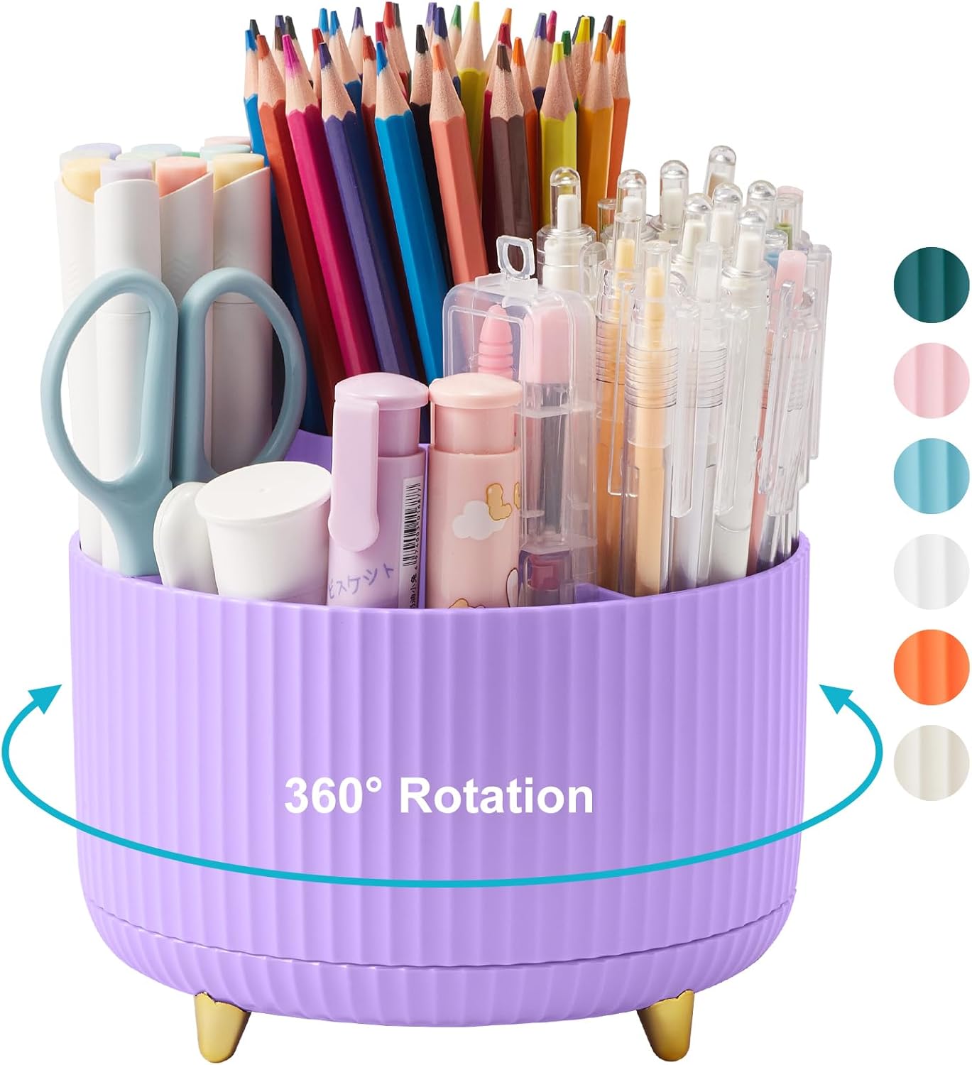 Desk Pencil Pen Holder, 5 Slots 360 Degree Rotating Pencil Pen Organizers for Desk Desktop Storage Stationery Supplies Organizer Cute Pen Cup for Office School Home Art Supply Cream Yellow