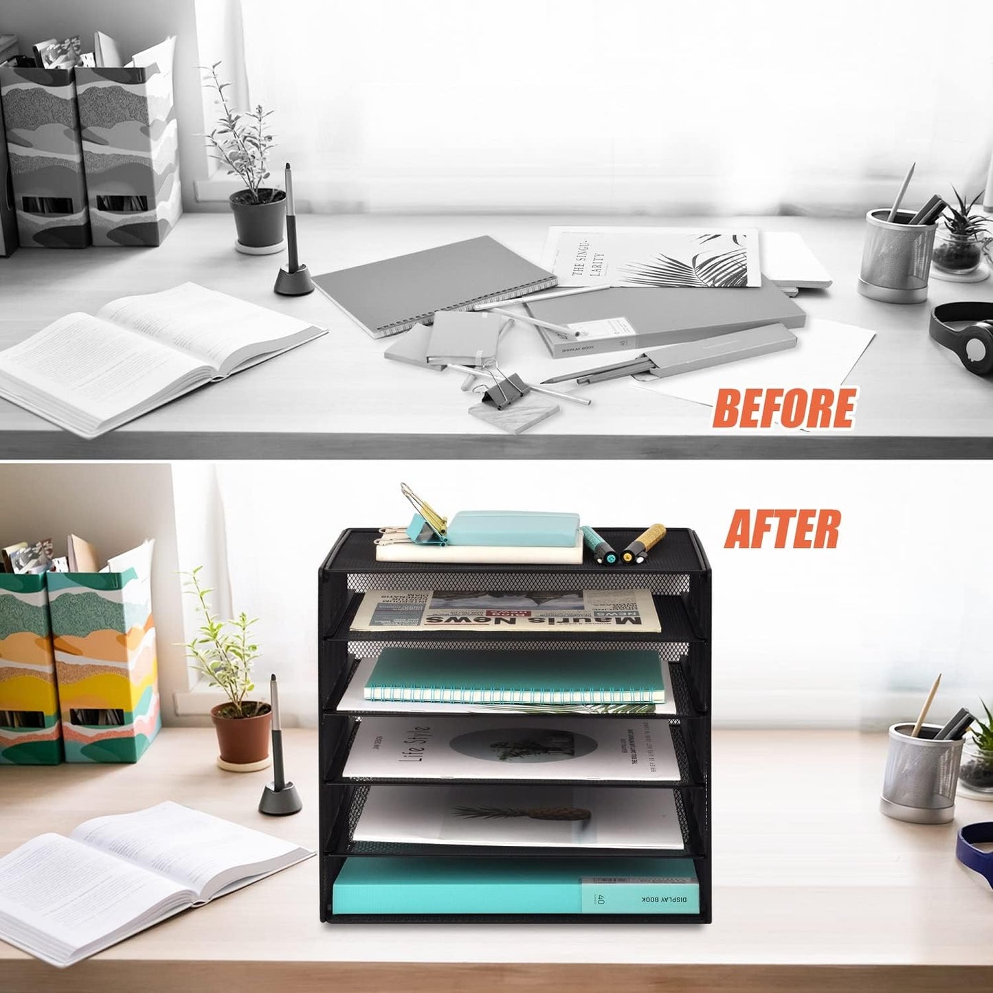 EASEPRES 3 Tier Mesh Desk Organizer Tray, File Paper Letter Folder Holder Desktop Paper Sorter Mail Organization Rack Storage Accessories, for Office Home School Classroom, Black
