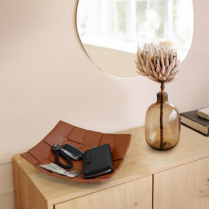 Valet Tray PU Leather Key Holder Bowl for Men Entryway Table Nightstand Desk Tray for Wallet, Keys Men's Gift - Brown & Black, 9.8" L x 9.8" W x 2" H