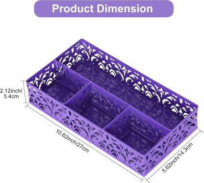 EasyPAG Desk Drawer Organizer with 4 Compartments, Carved Hollow Floral Metal Tray for Office, Jewelry, Cosmetics - No Assembly, Purple