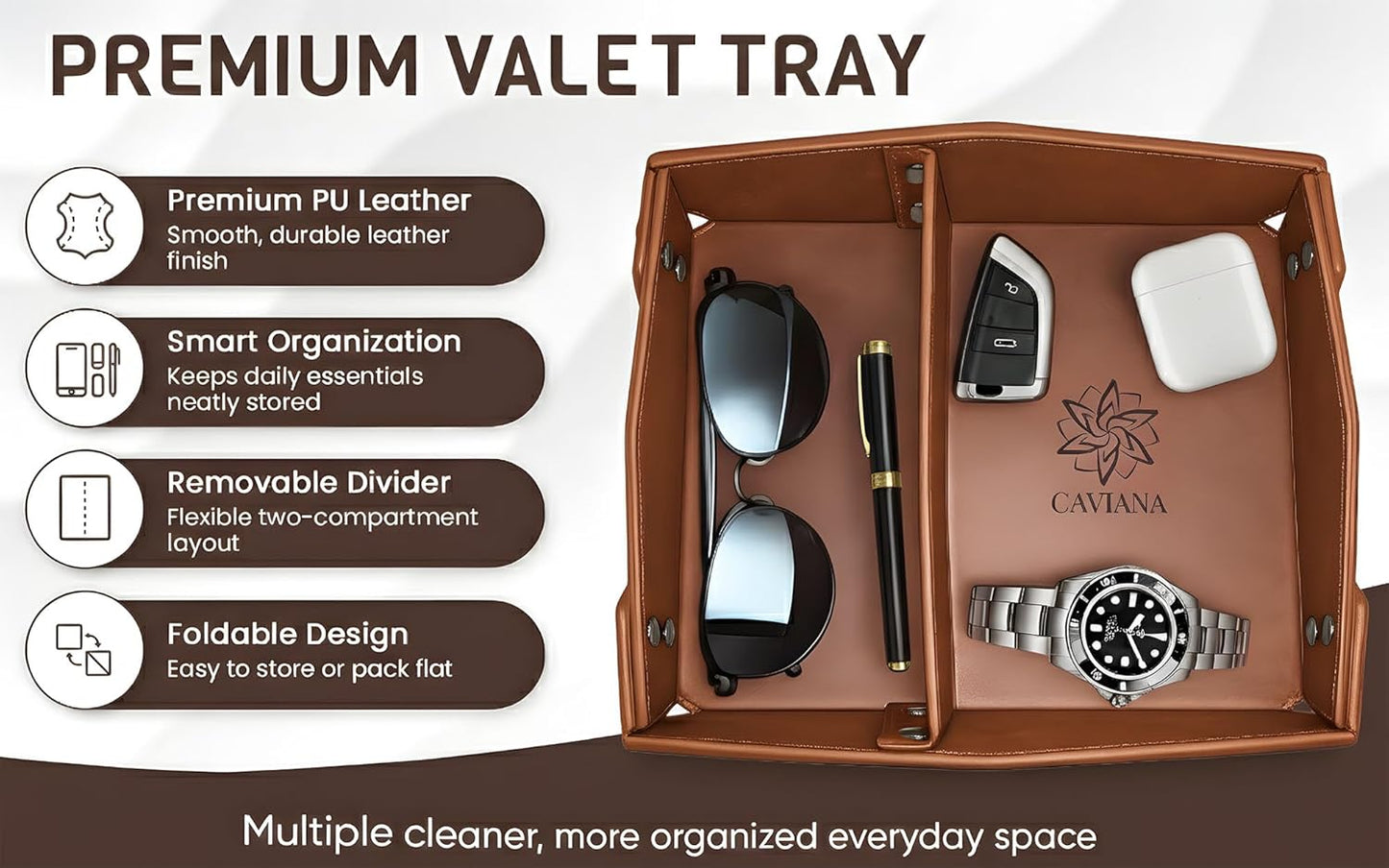 Valet Tray Organizer for Men & Women - PU Leather Catch All Tray with Removable Divider - EDC Storage for Keys, Watch, Phone - Nightstand, Dresser & Desk Organizer - Pacific Navy