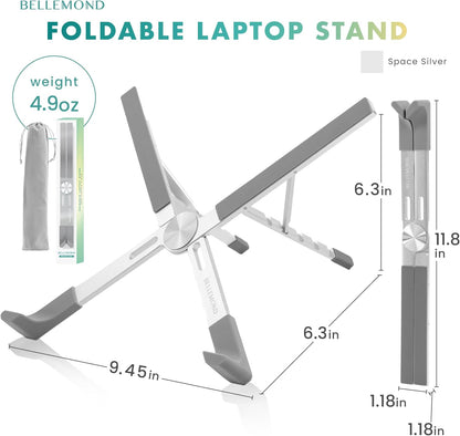 BELLEMOND Foldable Portable Laptop Stand | Ultralight Travel Riser | X-Frame Adjustable Aluminum | Fits MacBook, Dell, HP, Lenovo 10-17.3" | Carry Pouch | Space Silver