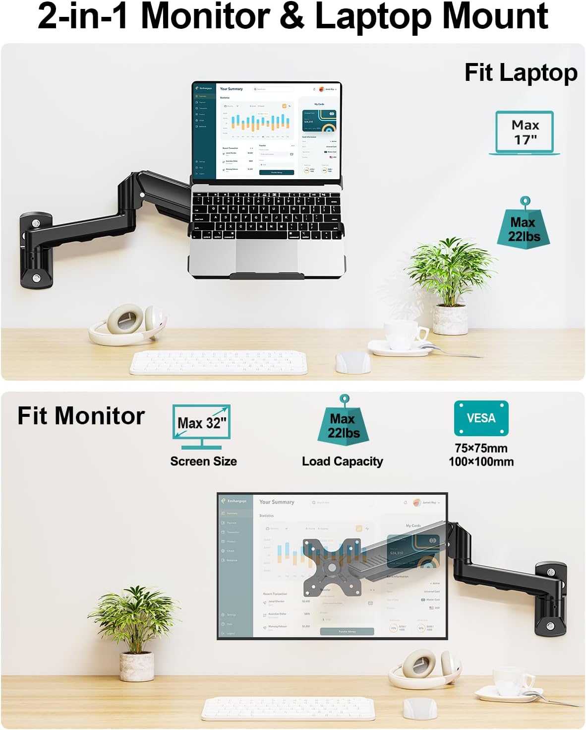 MOUNT PRO Laptop Wall Mount, 2-in-1 Monitor Wall Mount with Vented Tray for 11-17" Notebook/13-32 Computer Screen, Full Motion Adjustable Laptop Holder Stand, Gas Spring Laptop Arm Holds 4.4-22 lbs