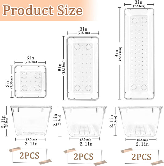 6 Pack Clear Drawer Organizer Set,Versatile Bathroom and Vanity Organizer Trays,Acrylic Drawer Storage Trays,Storage Bins for Makeup Jewelries,Cosmetics,Gadgets,Kitchen Utensils and Office