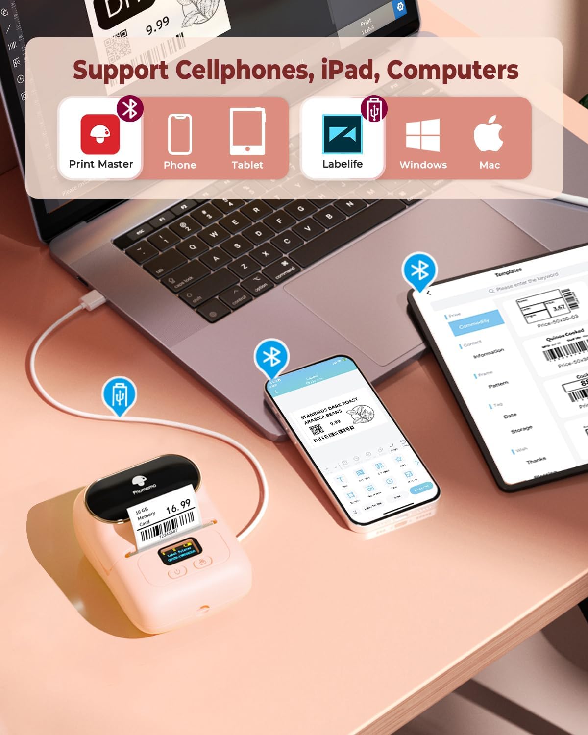 Phomemo Label Printer M110- Small Address Label Maker Bluetooth No Ink Portable for Small Business, Address, Office, Home for Phone; for PC/Mac(USB), with 100 Labels, Baby Pink