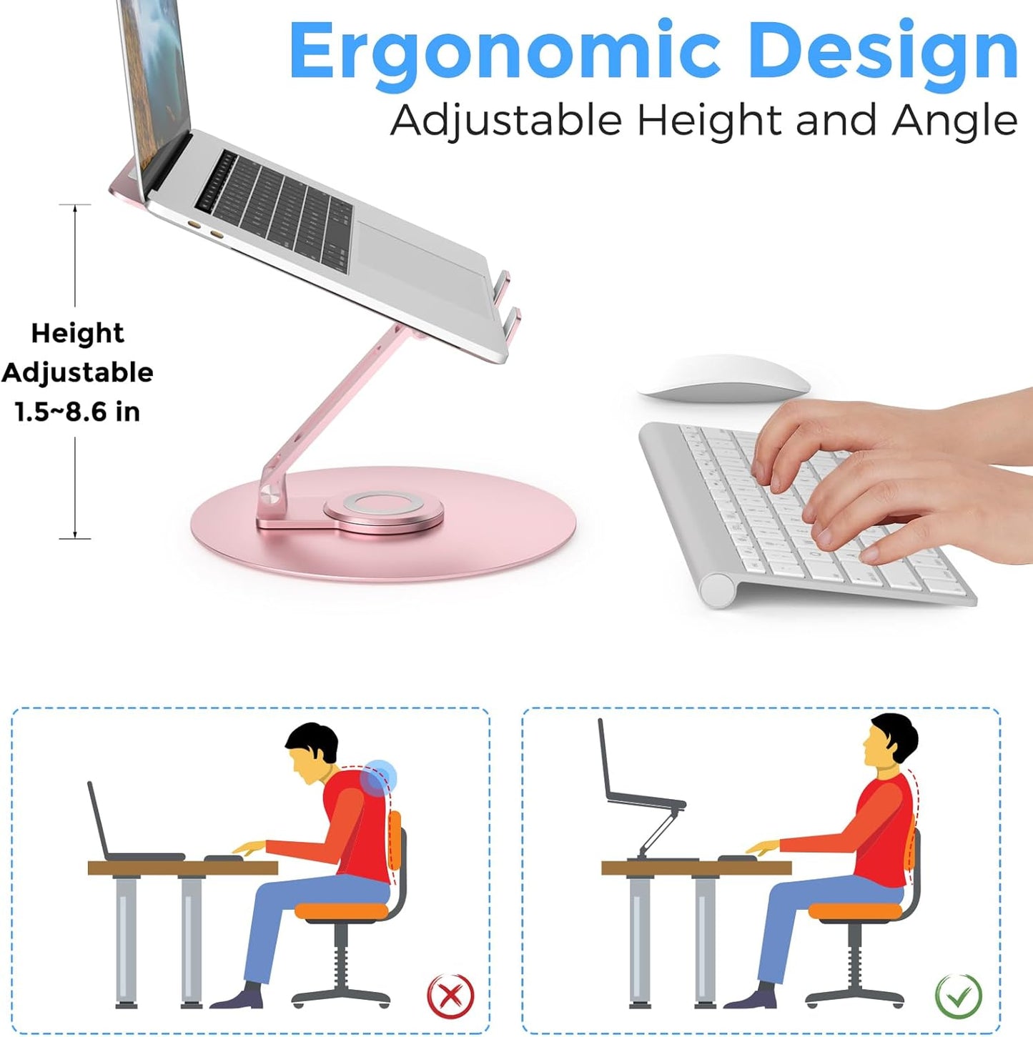 Swivel Laptop Stand for Desk, Adjustable Height Aluminum Computer Stand with 360 Rotating Base, Foldable Ergonomic Riser, Portable Laptop Holder Compatible with MacBook, All Laptops 10-17'', Grey