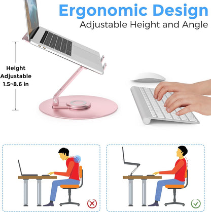 Swivel Laptop Stand for Desk, Adjustable Height Aluminum Computer Stand with 360 Rotating Base, Foldable Ergonomic Riser, Portable Laptop Holder Compatible with MacBook, All Laptops 10-17'', Grey