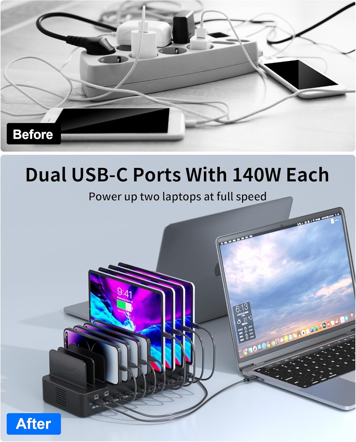 580W Charging Station for Multiple Devices, 10-Port USB C Fast Charger Station, Dual PD 100W Charging Dock with Adjustable Dividers & 6 Cables-Device Organizer for Laptop MacBook, iPhone, iPad