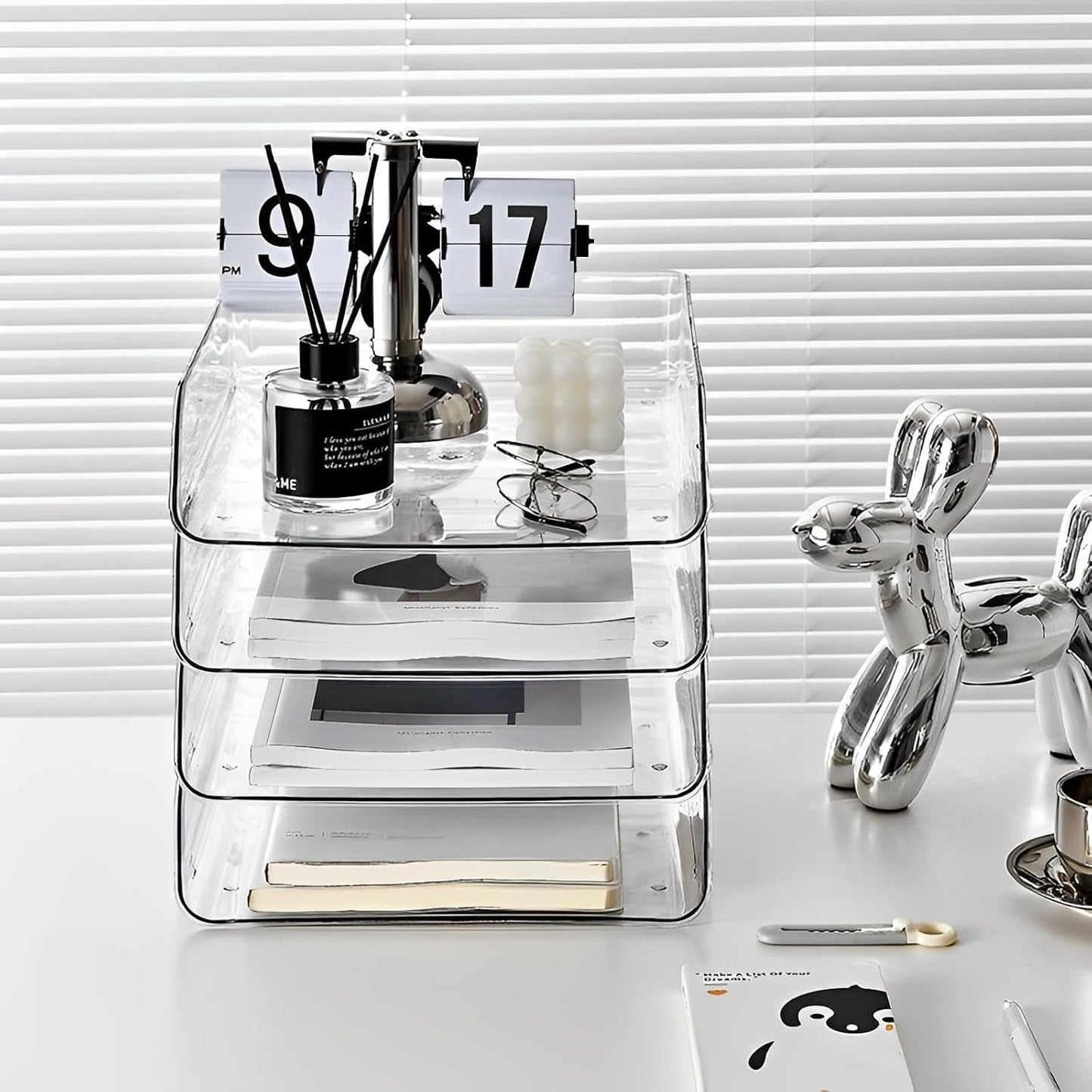 Gagee 4 Pack Paper Organizer for Desk,Stackable Paper Tray Book Holder for Classroom,Office and More,Letter Tray Desk Organizer,Clear