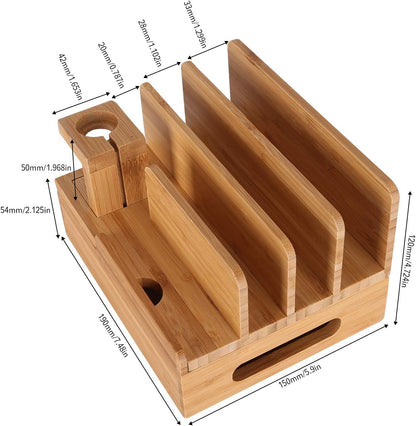 Bamboo Wood Multi-Device Desktop Dock Station Charger Holder Charging Cradle Charge Stand Compatible for iPhone 16 15 14 13 12 11 Pro Max XS XR X iPad 3 4 Mini Pro Air Samsung Huawei Smartphones