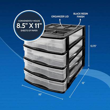 Gracious Living 4-Drawer Desktop and Countertop Storage Organizer Drawer Set, Plastic Office Desk Organizer, Black/Clear