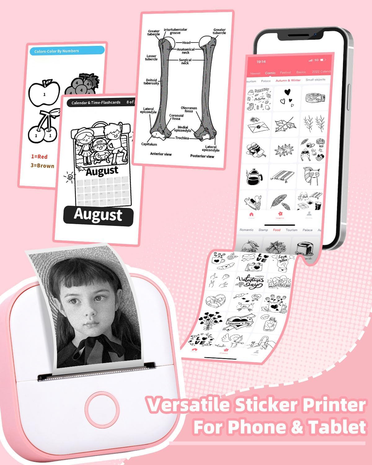 Memoking Sticker Maker - T02 Mini Sticker Printer Wireless Inkless Label Maker Portable Thermal Printer for Student Birthday Gift, Impresora Portátil for Note, DIY, Compatible with iOS & Android, Pink