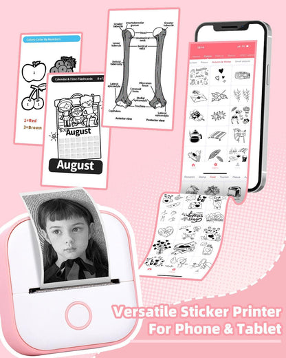 Memoking Sticker Maker - T02 Mini Sticker Printer Wireless Inkless Label Maker Portable Thermal Printer for Student Birthday Gift, Impresora Portátil for Note, DIY, Compatible with iOS & Android, Pink