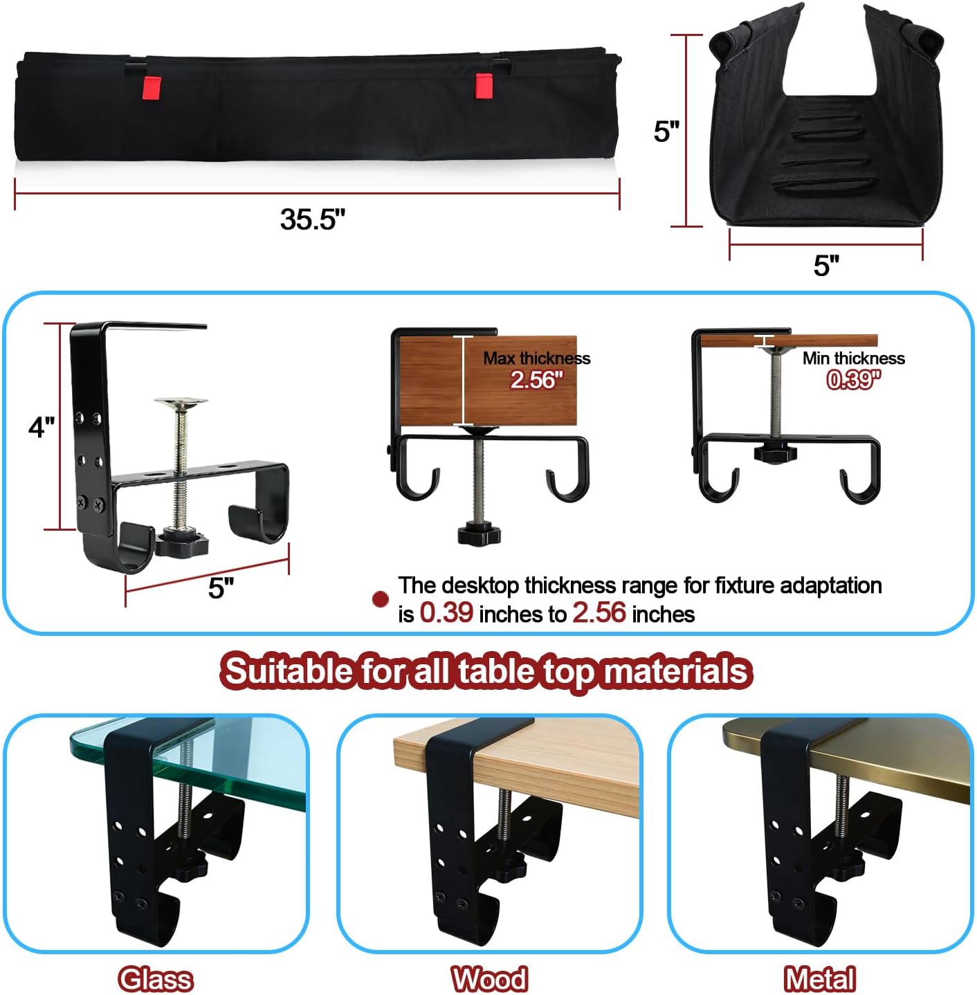Under Desk Cable Management Tray, 36" Cord Organizer for Table, Clamp/Screw Mount Desk Cable Management, Premium Fabric Cable Management Tray for Office, Home