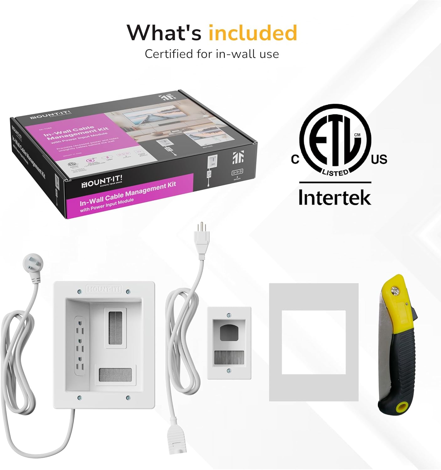 Mount-It! in-Wall TV Cable Concealer Kit with Recessed Power – Triple Outlet, 9ft Cord, and Hand Saw – Easy, Safe Cable Management for Organized TV and Home Theater Setups