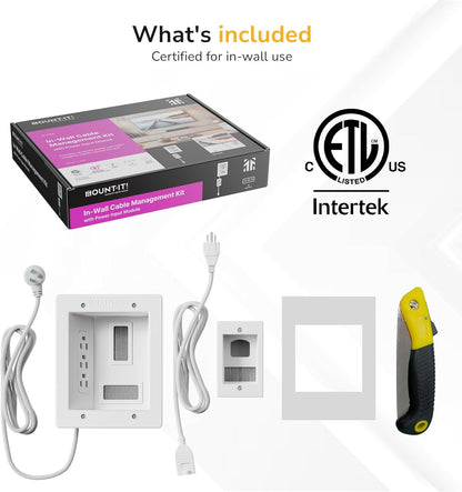 Mount-It! in-Wall TV Cable Concealer Kit with Recessed Power – Triple Outlet, 9ft Cord, and Hand Saw – Easy, Safe Cable Management for Organized TV and Home Theater Setups