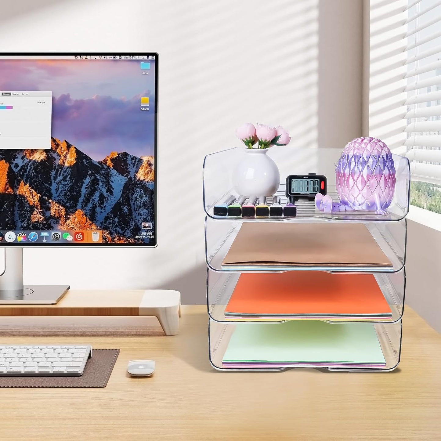 EXOFC Stackable Paper Letter Tray Organizer, 4-Pack Clear Desk File Holder for Paper, Office Organizer for A4 Documents, Books, iPad