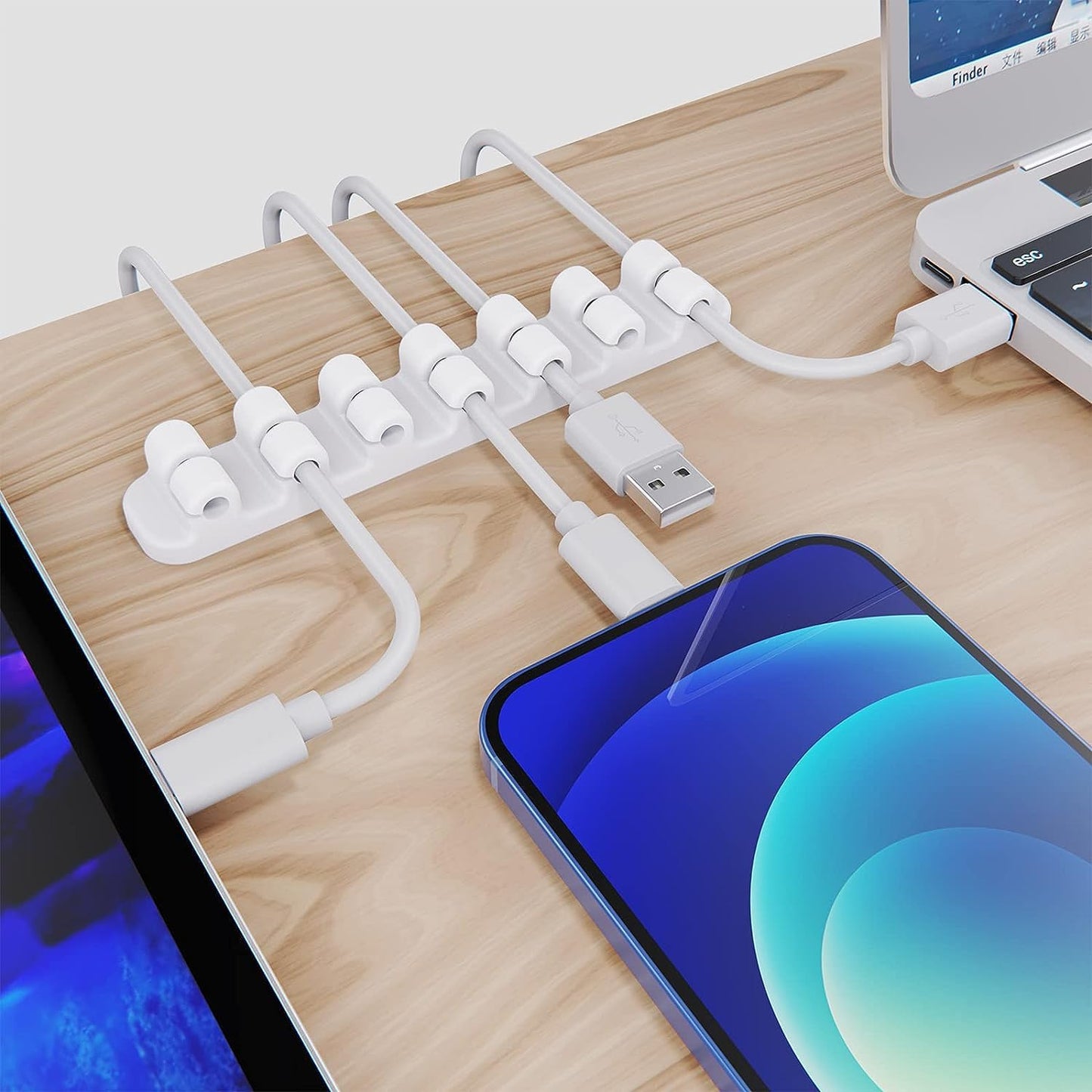 SOULWIT Upgraded Cable Holder, Cable Management Cord Organizer Clips Silicone Self Adhesive for Desktop USB Charging Cable Power Cord Bedside Wire PC Office Home (3/5/7 slot,Black)